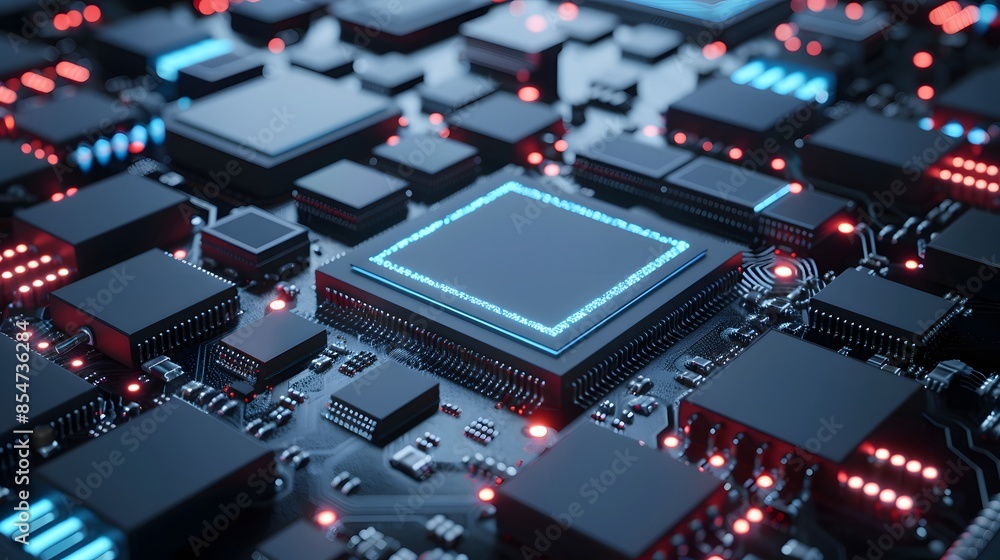 Poster close-up of a microchip on a circuit board with glowing elements, representing modern technology and
