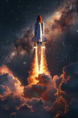Obraz premium A space shuttle launches from Earth heading into the starry sky, representing exploration and discovery