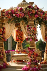 Fototapeta premium A traditional Indian wedding mandap exquisitely decorated with flowers and drapes, ready for a cultural ceremony in a regal setting