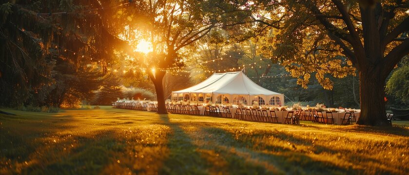 An outdoor wedding reception tent glows under the golden light of sunset, offering a picturesque setting for an evening of celebration