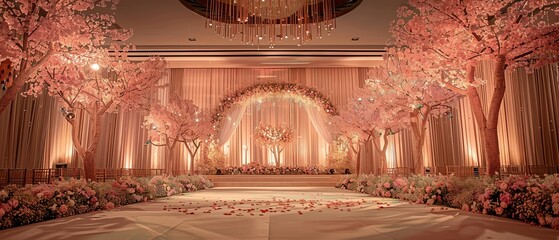 Ornate wedding stage adorned with pink flowers, warm lighting, wideangle shot