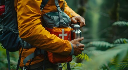 Closeup of Emergency First Aid Kit in Backpack Pocket for Hiking and Trekking. The concept of a first aid kit out of a backpack pocket, featuring camping equipment and a compact mini first aid kit.