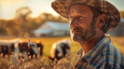 Farmer examining beef cattle feed trough outdoors, thoughtful expression, diverse cattle herd, rustic farm setting, natural daylight, warm colors. Generative AI.