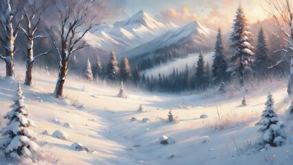 Fototapeta premium A snowy landscape with trees and mountains in the background. The trees are bare and the snow is covering the ground. Scene is peaceful and serene, with the snow creating a sense of calmness