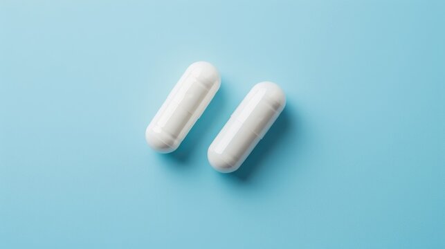 Two white supplement capsules on blue background with empty space