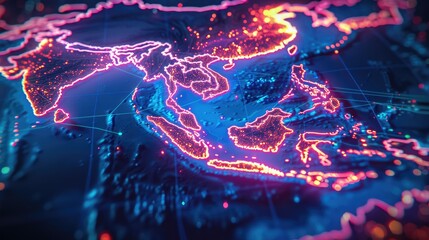 A Map of South East Asia, highlighted in Neon light. top view. Generative AI.