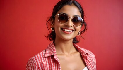Naklejka premium Close-up of a stylish young Indian woman in sunglasses smiling in short clothes on a red background. Beautiful female model with copy space. professional photography