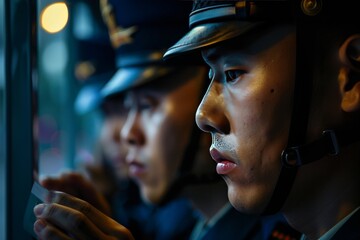 police officers standing next to each other in the dark