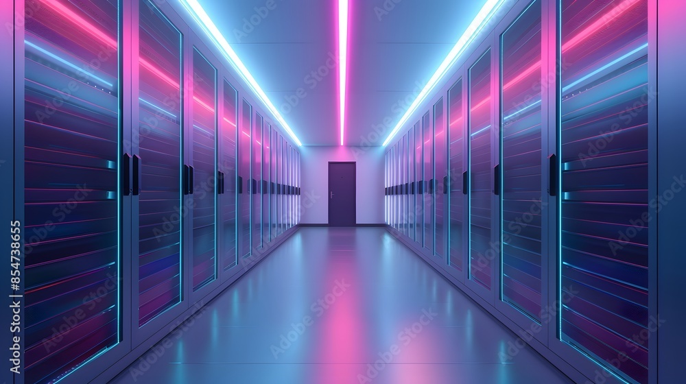 Poster modern data center with neon lighting, showcasing server racks and advanced technology in a futurist