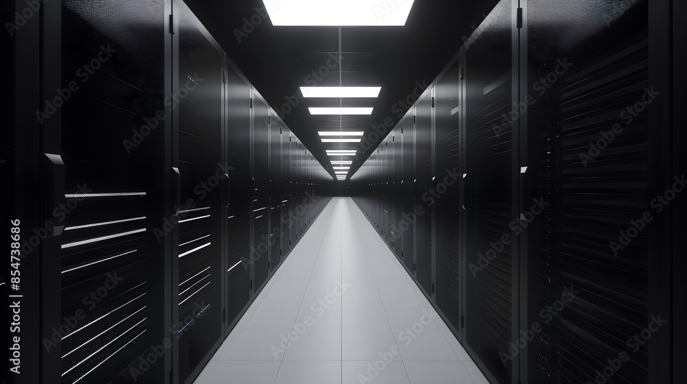 Poster modern data center with rows of server racks and illuminated ceiling. high-tech infrastructure for i