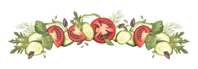 Vegetables cut into slices with herbs. Tomato, cucumber, basil, dill, arugula. Watercolor illustration. Horizontal frame made of farm organic products. Fresh prepared food