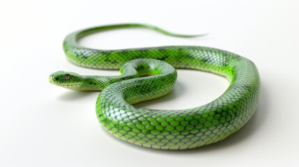 Fototapeta premium Bright Green Snake on White Background, Generative AI