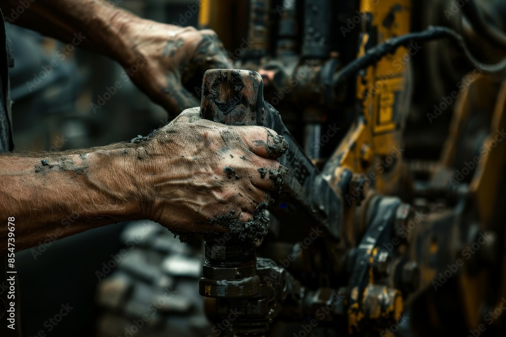 Poster a man is working on a machine with dirty hands
