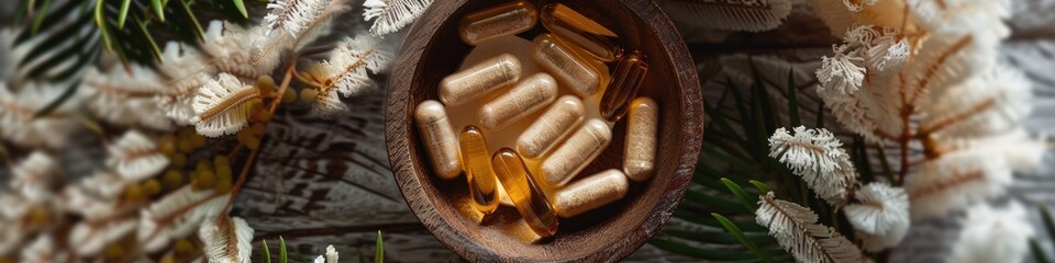 Herbal capsules from herbs on rustic wooden table with leaf for healthy lifestyle