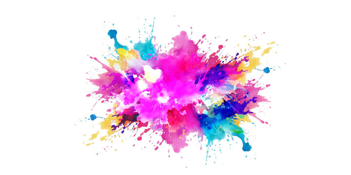 Bright colorful watercolor splash splatter stain brush strokes on white background. Modern vibrant aquarelle spot. Rainbow trendy isolated design on white. Element. Vector watercolor illustration.	