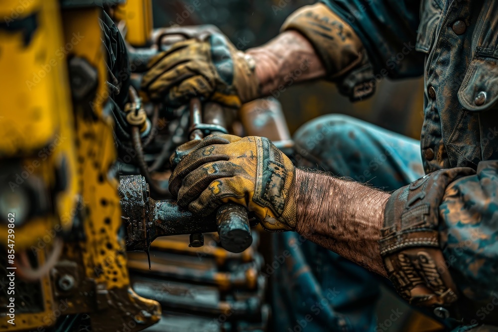 Poster a man is working on a machine with dirty hands