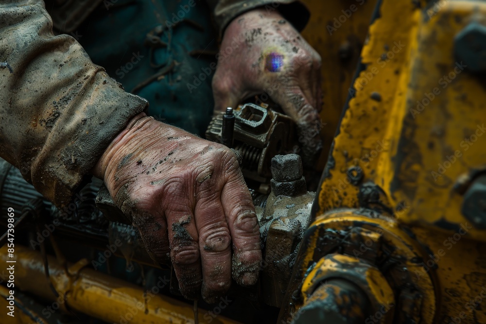 Poster a man is working on a machine with dirty hands