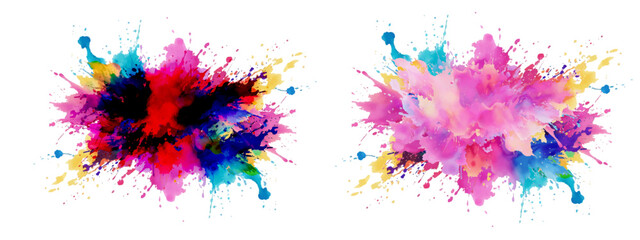 Bright colorful watercolor splash splatter stain brush strokes on white background. Modern vibrant aquarelle spot. Rainbow trendy isolated design on white. Element. Vector watercolor illustration.	