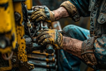 Fototapeta premium A man is working on a machine with dirty hands