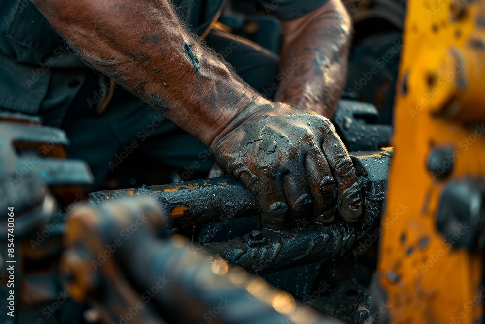Poster a man is working on a machine with dirty hands
