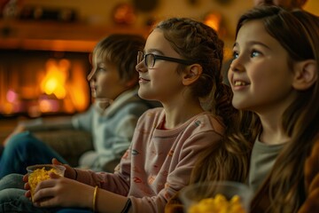 Three girls are sitting on a couch and watching a movie