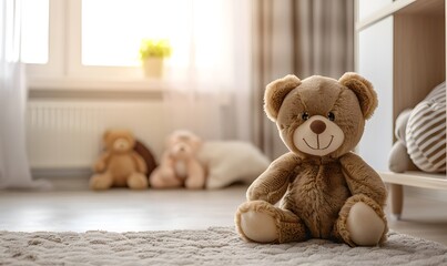 teddy bear toy sitting in children's room, Generative AI
