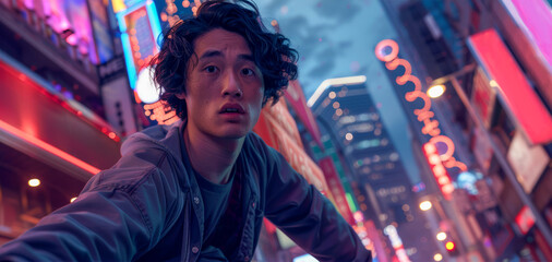 Obraz premium A man with a beard and dark hair is standing in front of a neon sign