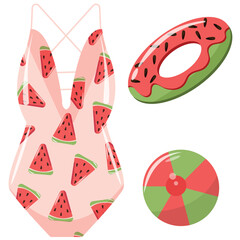 set of summer items with watermelon design, namely swimsuit, swimming ring and beach ball, for poster, banner or packaging