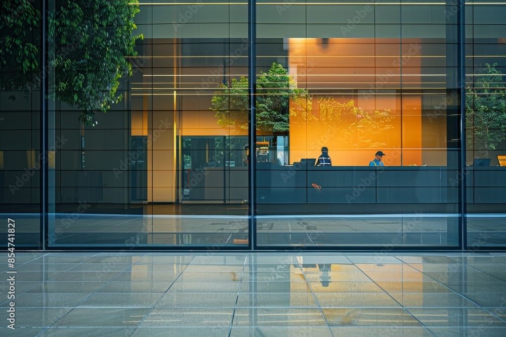 Poster a window in a building with a tree outside