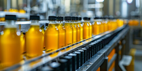 A conveyor belt with many bottles of orange juice on it