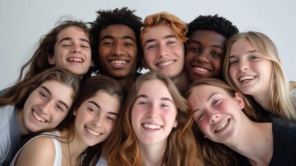 An energetic portrayal featuring headshots of high school students clustered together against a neutral flat background, reflecting the camaraderie and friendships forged during the teenage years.