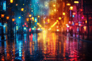 Colorful Bokeh in Rainy City Street. Vibrant bokeh lights reflecting on a wet city street during a rainy night.