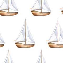 Sailing ship vintage style watercolor seamless pattern isolated on white. Sailboat, vessel, sea transport hand drawn endless background. Childish nautical design for boy's room, textile
