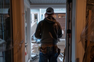 A man in a grey sweatshirt and blue jeans stands in front of a door