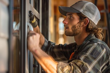 A man with a plaid shirt and a hat is fixing a window