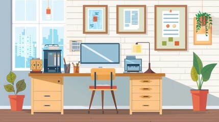 A modern home office desk setup with a computer, printer, chair, and various office supplies. The desk is positioned in front of a large window with a view of a city skyline.