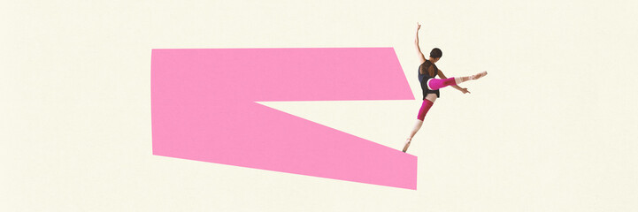 Contemporary art collage. Art opens up new horizons. ballerina dances tearing apart geometric figure. Pastel color scheme. Concept of music, urban and aesthetic fusion. Minimalistic art style.