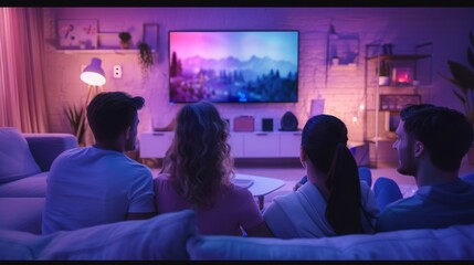 A group of friends watch a movie together in a living room with purple lighting. They are all seated on a couch and appear to be enjoying themselves.