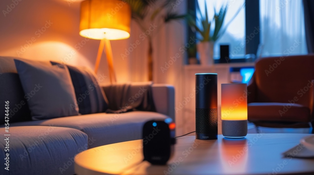 Poster a smart speaker and a smart lamp are on a coffee table in a living room. the lamps and speaker are l