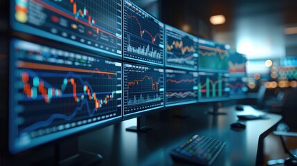 Obraz premium A close-up monitors which reflect stock market data at the current moment and analyze stock market data. They depict charts, graphs of stock. Generative AI.