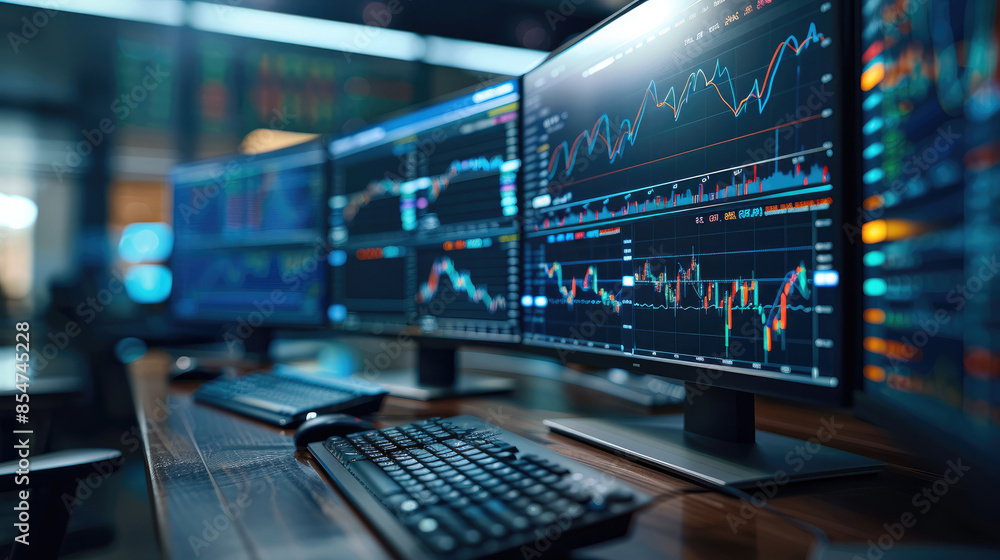 Aufkleber A close-up monitors which reflect stock market data at the current moment and analyze stock market data. They depict charts, graphs of stock. Generative AI.