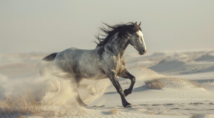 Fototapeta premium A Grey Horse Running Through A Dusty Desert Landscape