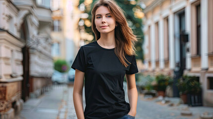 Fototapeta premium Young Model Wearing Black T-Shirt on Street, Casual Shirt Mockup Template