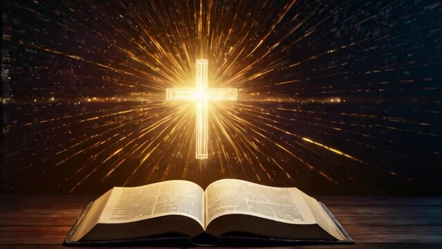Open book with glowing lights, bible and the cross with light spreading, bible on table and a glowing cross on the background, sparking light from cross and bible Christianity Abrahamic Generative AI
