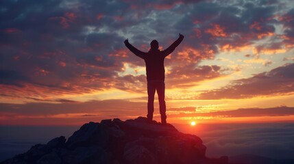 Fototapeta premium A powerful silhouette of a businessman triumphantly raising his arms on top of a mountain at sunset, representing the fulfillment of his aspirations and dreams. 