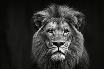 Black And White Lion Portrait In Low Light