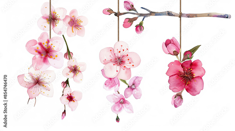 Wall mural Watercolor Spring Flowers Blossom Hanging, Isolated on White Background