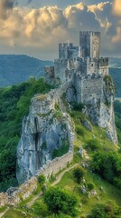 A historic European castle perched on a hilltop, surrounded by lush green landscapes and a dramatic sky