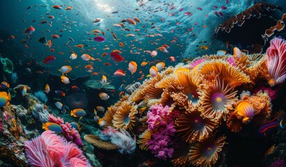 Obraz premium Colorful Fish Swimming Through Vibrant Coral Reef in Clear Tropical Ocean Water