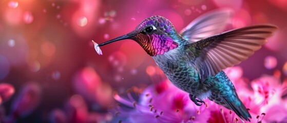 Fototapeta premium Hummingbird in Flight with Pink Flowers.